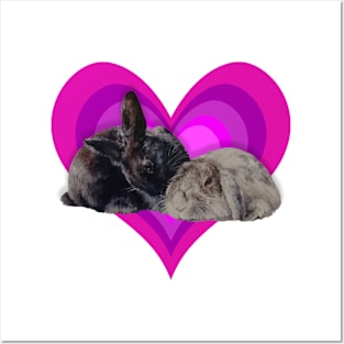 Gorgeous kissing bunnies on a rainbow purple heart! Posters and Art